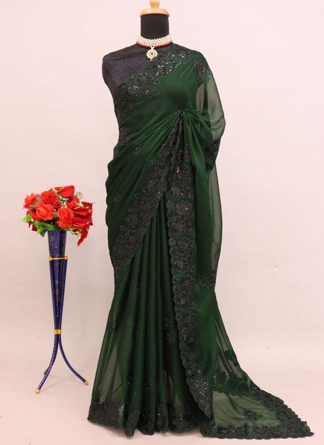 Chiffon Green Wedding Wear Embroidery Work Saree